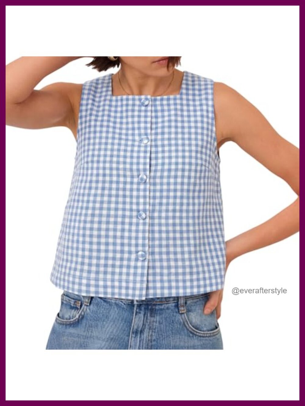 Womens 100% Cotton Plaid Square Neck Button Crop Tank Top Sleeveless Vest